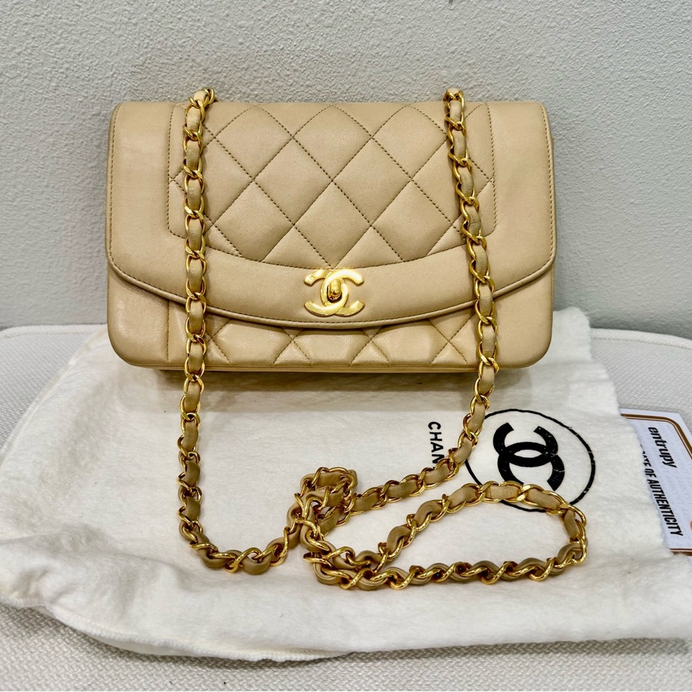 RARE Chanel Diana Beige Lambskin Bag, Gold Chain, Series 2